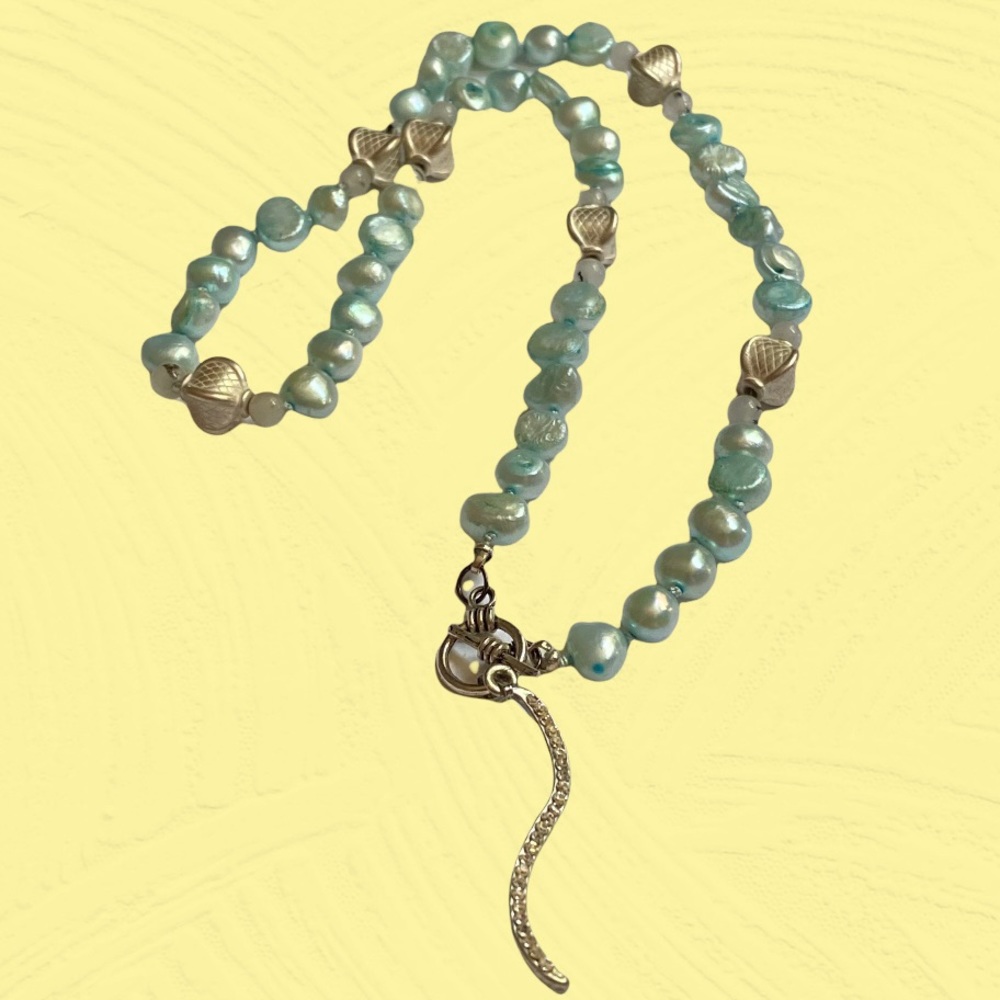 Hand Crafted Pearl Necklace Aqua Blue Green Freshwater Tourmaline Quartz Silk - Picture 4 of 8